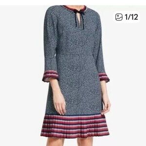 Boden Lara Pleat Shift Navy  White Polka Dots Split Neck Dress Size 14 R
